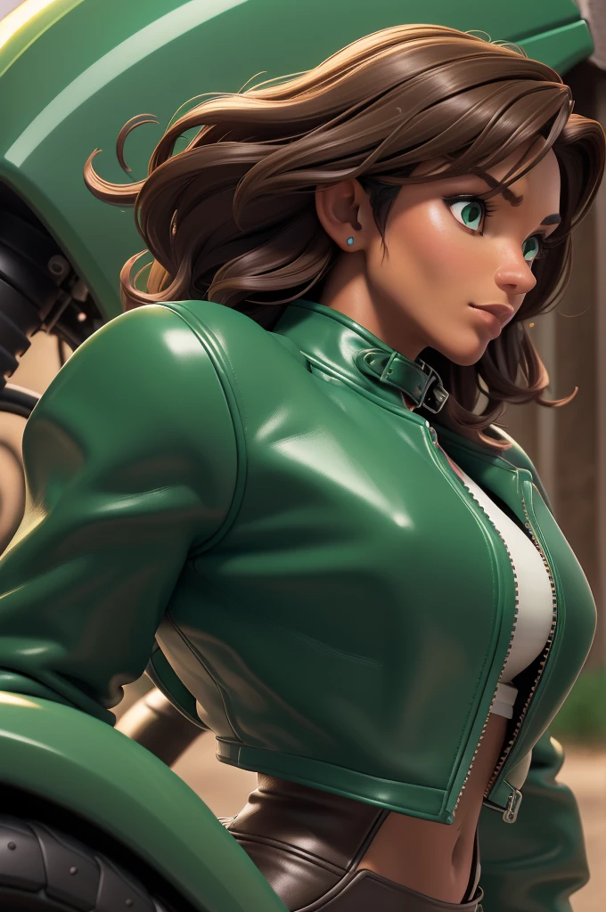 obra prima, melhor qualidade, ((only one woman,)) ((kristi noem, dark tan skin, dark brown wavy bob hair)) looking over shoulder at me, massive erect cone tits, ((wearing metallic green leather biker moto jacket,)) ((jacket has padded shoulders, jacket has stiff high collar,)) (((wearing jade green leather pants,))) body is very skinny, arched back, ((riding motorcycle, extreme closeup view, side front view of upper body,)) shallow depth of field, highres, HD, 8k, anatomically correct