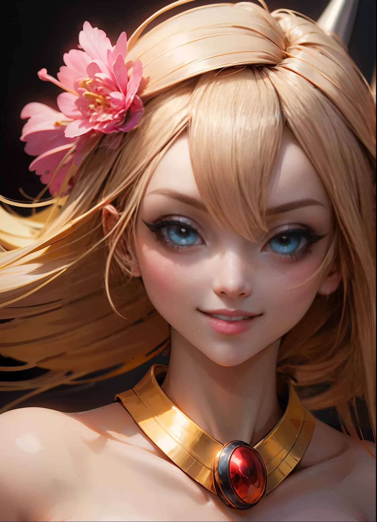 Mid-body shot. Beautiful face of dark magician gils. blue eyes. long and thick eyelashes. pink lips. white teeth. Gold arts. gold necklace. Long blonde hair. Pink blush on the cheeks. brio in the eyes. Glass and neon eyes. smile. coquette. half body shot.