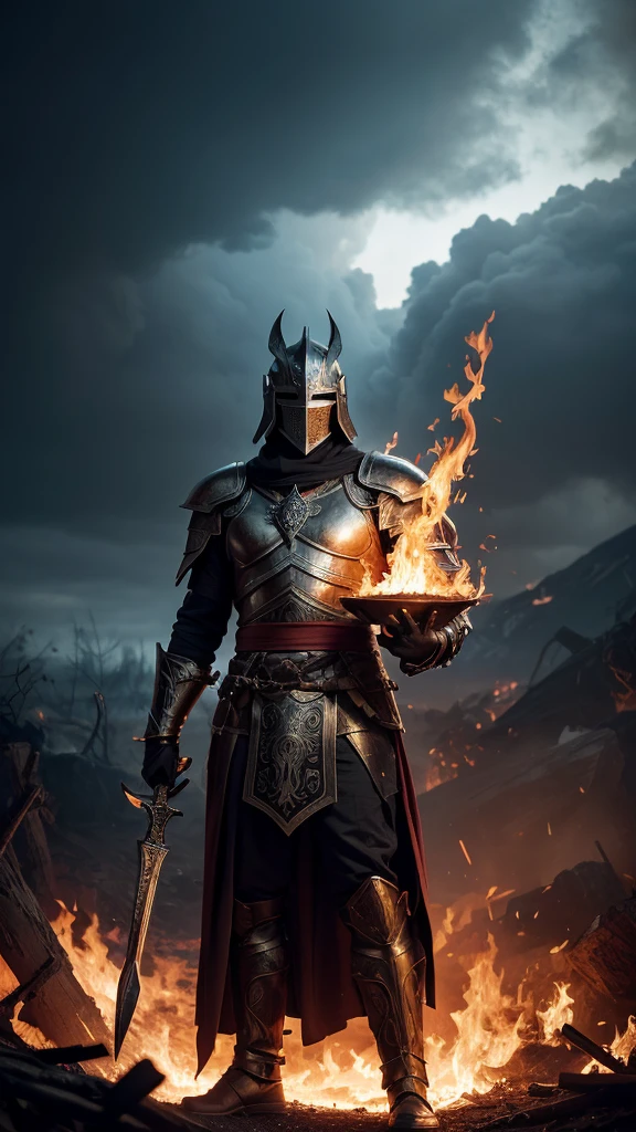 Visualize a mythical knight standing before a huge enchanted brazier in the heart of a surreal, dreamlike forest. His armor, made of dark obsidian-like metal and etched with burning, glowing runes, pulses with the energy of the eternal flame. His helmet, crowned with fire, hides eyes that burn with the intensity of an eternal fire. In one hand, he wields a colossal flaming sword that roars with the power of eternal flame, while in the other he holds an enormous round shield engraved with the image of a white dove with outlines of heavenly fire, with its wings spread, ready to attack. reborn.. The surrounding forest is twisted and surreal, with ancient, twisted trees whose branches are adorned with glowing embers and wisps of smoke. The sky above is a chaotic mix of storm clouds and burning embers, casting a fiery glow over the scene. The ground beneath his feet is cracked and charred, with veins of molten lava snaking across the earth. Surrounding him are the spectral figures of ancient guardians and mythical beasts, whose forms flicker with the light of the eternal flame. Despite the chaos and destruction that surrounds him, the knight stands tall and unwavering, radiating an aura of invincibility as he prepares to unleash the power of the eternal flame on his enemies. And in a striking and strategic part of the composition there is a text that says "Tiempos de Guerra" in a bold and meticulously composed typography and its style is of war