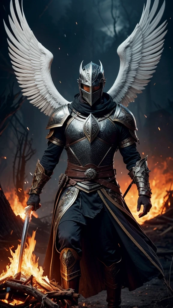 Visualize a mythical knight standing before a huge enchanted brazier in the heart of a surreal, dreamlike forest. His armor, made of dark obsidian-like metal and etched with burning, glowing runes, pulses with the energy of the eternal flame. His helmet, crowned with fire, hides eyes that burn with the intensity of an eternal fire. In one hand, he wields a colossal flaming sword that roars with the power of eternal flame, while in the other he holds an enormous round shield engraved with the image of a white dove with outlines of heavenly fire, with its wings spread, ready to attack. reborn.. The surrounding forest is twisted and surreal, with ancient, twisted trees whose branches are adorned with glowing embers and wisps of smoke. The sky above is a chaotic mix of storm clouds and burning embers, casting a fiery glow over the scene. The ground beneath his feet is cracked and charred, with veins of molten lava snaking across the earth. Surrounding him are the spectral figures of ancient guardians and mythical beasts, whose forms flicker with the light of the eternal flame. Despite the chaos and destruction that surrounds him, the knight stands tall and unwavering, radiating an aura of invincibility as he prepares to unleash the power of the eternal flame on his enemies. And in a striking and strategic part of the composition there is a text that says "Tiempos de Guerra" in a bold and meticulously composed typography and its style is of war