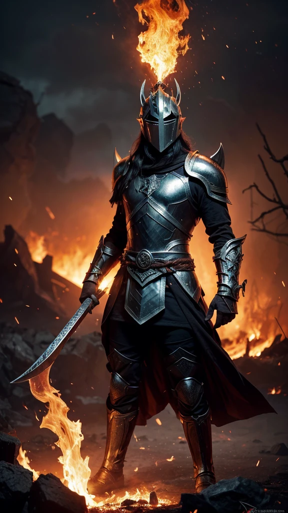 Visualize a mythical knight standing before a huge enchanted brazier in the heart of a surreal, dreamlike forest. His armor, made of dark obsidian-like metal and etched with burning, glowing runes, pulses with the energy of the eternal flame. His helmet, crowned with fire, hides eyes that burn with the intensity of an eternal fire. In one hand, he wields a colossal flaming sword that roars with the power of eternal flame, while in the other he holds an enormous round shield engraved with the image of a white dove with outlines of heavenly fire, with its wings spread, ready to attack. reborn.. The surrounding forest is twisted and surreal, with ancient, twisted trees whose branches are adorned with glowing embers and wisps of smoke. The sky above is a chaotic mix of storm clouds and burning embers, casting a fiery glow over the scene. The ground beneath his feet is cracked and charred, with veins of molten lava snaking across the earth. Surrounding him are the spectral figures of ancient guardians and mythical beasts, whose forms flicker with the light of the eternal flame. Despite the chaos and destruction that surrounds him, the knight stands tall and unwavering, radiating an aura of invincibility as he prepares to unleash the power of the eternal flame on his enemies. And in a striking and strategic part of the composition there is a text that says "Tiempos de Guerra" in a bold and meticulously composed typography and its style is of war