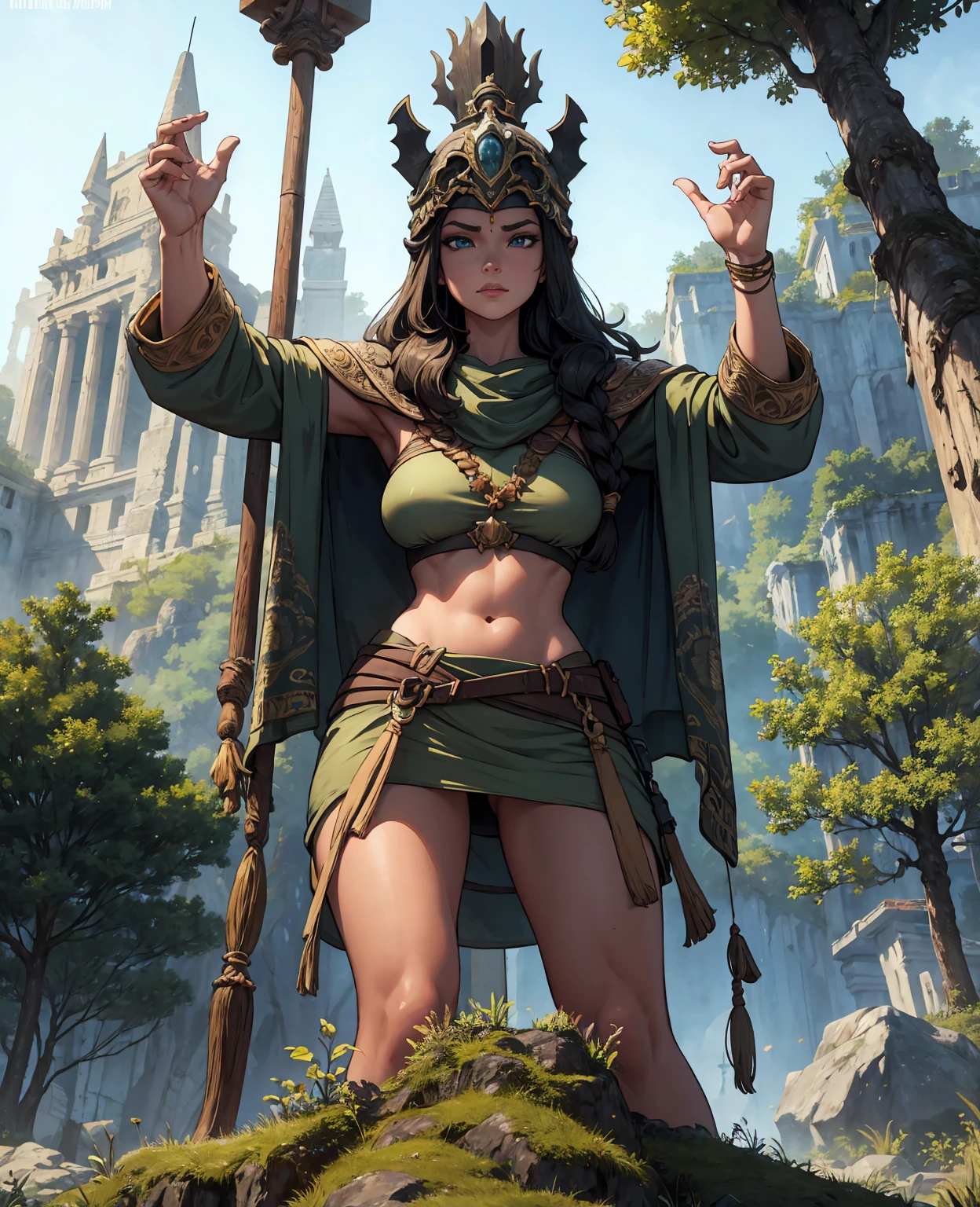 there is a stone statue in the middle of a forest, stone eyes, oxaguian 3d epic, still from the movie 'tomb raider', by Simon de Vlieger, ancient sacred architecture, monstrous mask, anamorphic widescreen, photorealistic-n 9, neoandean architecture, ps 2 graphics, today's featured photography 4k, psytrance, snow