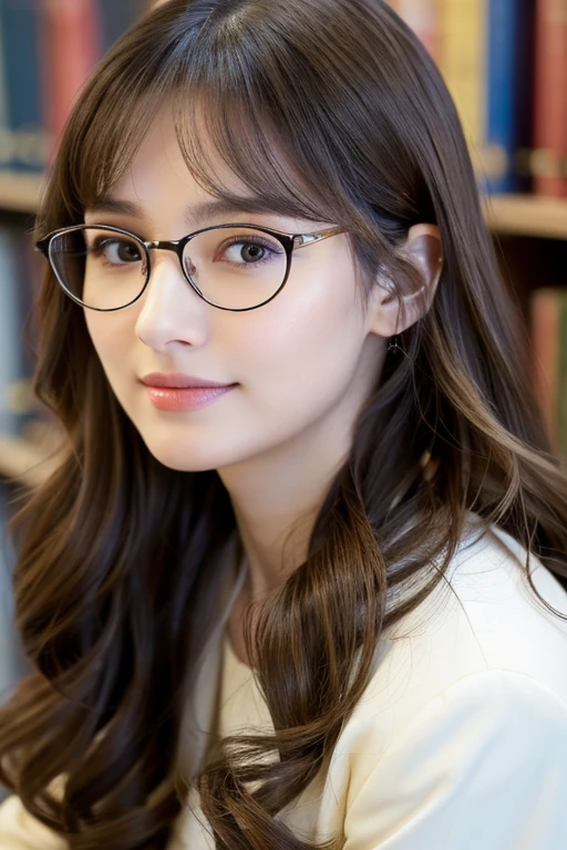 Golden Ratio,Highest quality,Beautiful woman,Soft Light, Ultra-high resolution, Realistic,young woman,One person,cute,Light in your eyes,Beautiful Face,Long Hair,Dress shirt,skirt,Portraiture,indoor,library,Book,smile,Soft black hair,Loose wavy hair,Curly hair,ロングskirt,タイトskirt,clear,elegant,Elegance,actress,Double eyelids,front,Brunette,Round Glasses,serious,