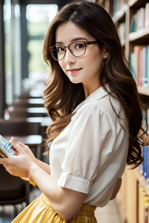 Golden Ratio,Highest quality,Beautiful woman,Soft Light, Ultra-high resolution, Realistic,young woman,One person,cute,Light in your eyes,Beautiful Face,Long Hair,Dress shirt,skirt,Portraiture,indoor,library,Book,smile,Soft black hair,Loose wavy hair,Curly hair,ロングskirt,タイトskirt,clear,elegant,Elegance,actress,Double eyelids,front,Brunette,Round Glasses,serious,