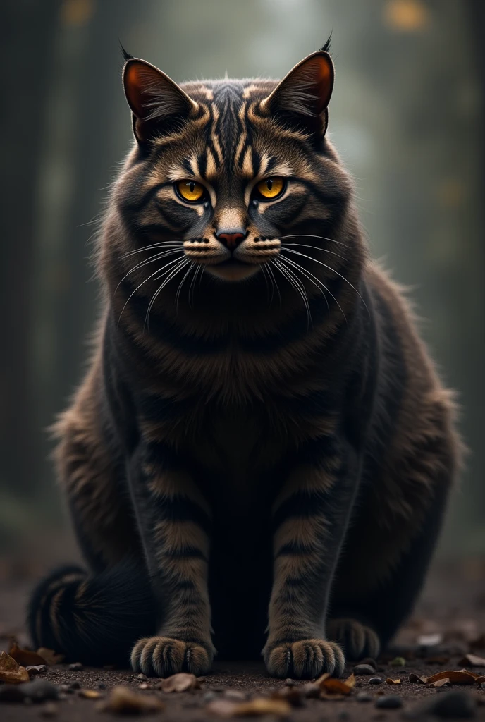 dark brown tabby cat with amber eyes, 
with long, curved claws, and a long scar on his shoulder.