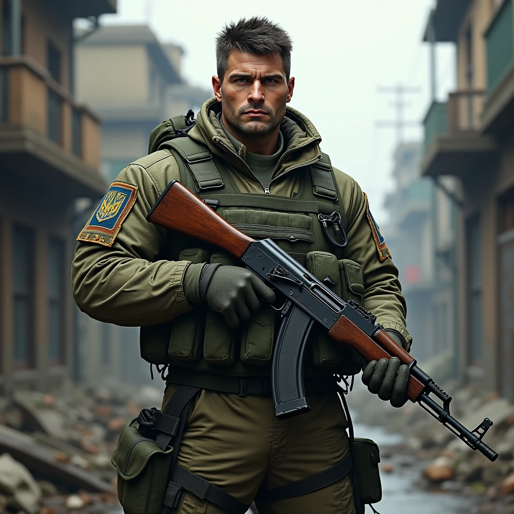 strong, powerful, brave soldier, with ak-47. 41 motorized rifle brigade of Ukraine