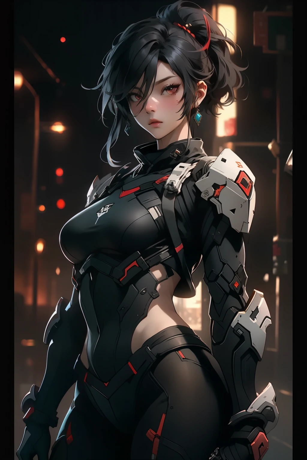 ((best quality)), ((Masterpiece)), (details:1.4), 3d, Image of a beautiful cyberpunk woman., HDR (high dynamic range), mature woman, Curtain Bangs, Black hair, white eyes, SWAT uniform, PBR surface, After processing, Anisotropic filtration,depth of field, Maximum clarity and clarity, multi-layered surface, perfect proportions, 8K raw files, cyberpunk, at night, ผมหลายชั้น, กระโปรงสั้น, natural lighting, soft lighting, sunlight, หน้าอกใหญ่,