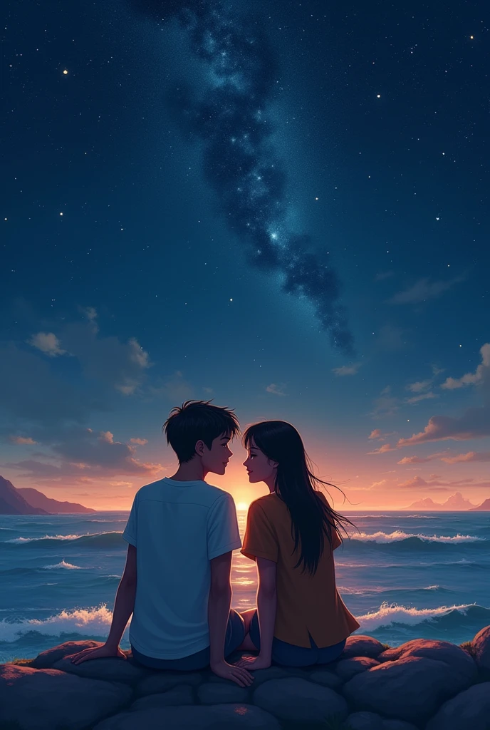Love story of two people sitting close to the sky, stars and sea