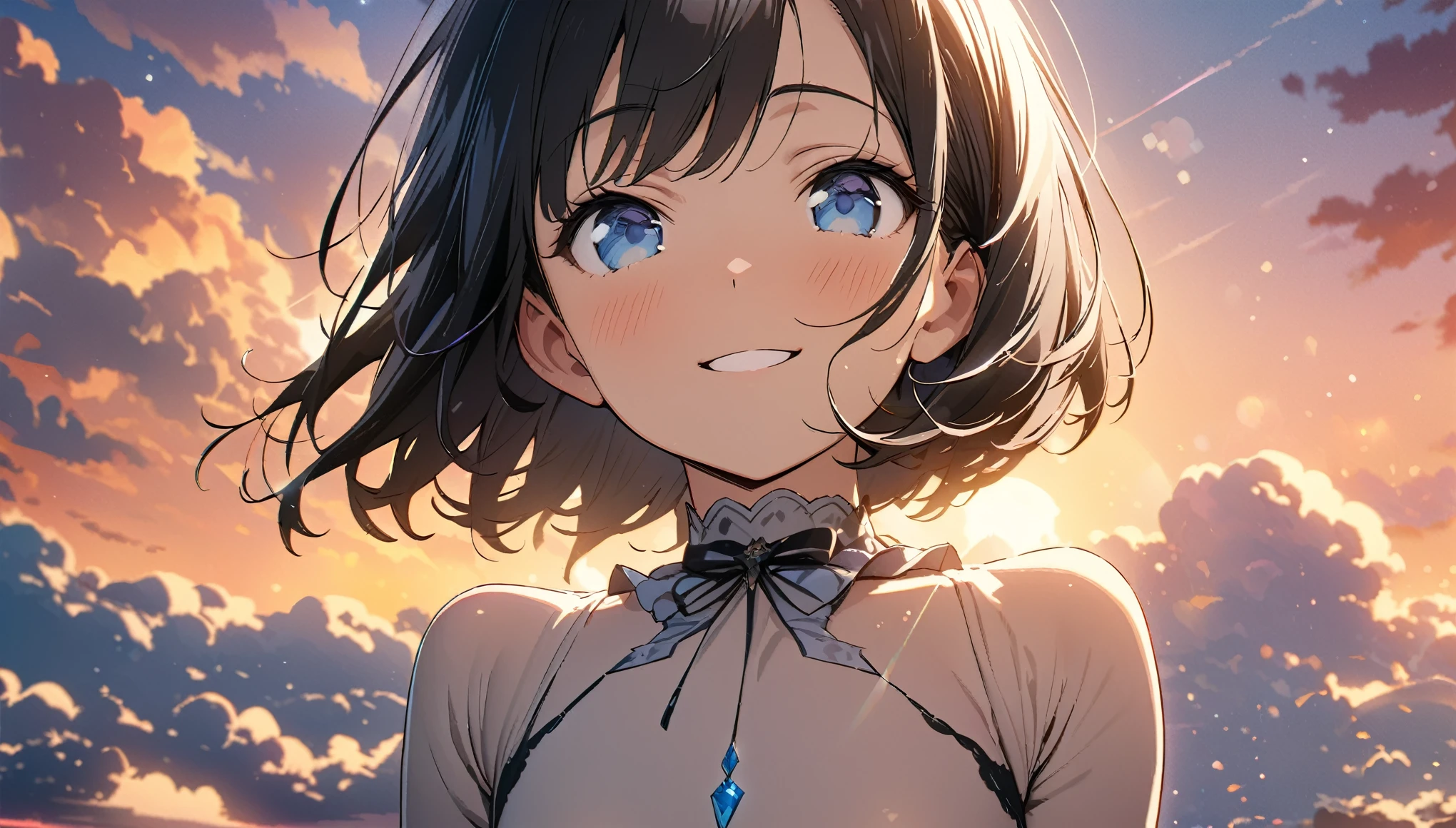 ((ultra-detailed))/(one women with short black hair and bob hair.、beautiful blue eyes,.、smile、gentle smile on her face、flat chest, one Beautiful girl,((masterpiece, illustration, best quality) ((ultra-detailed))/),Floating in the sky, clouds, close, bright, smile,sunset, Warm and soft lighting,,濃い青とBeautiful Blueのグラデーション, High resolution, 8K HD detail, hyper-detail, cinematic, surrealism, soft light, deep field focus bokeh, ray tracing and surrealism. --v6'