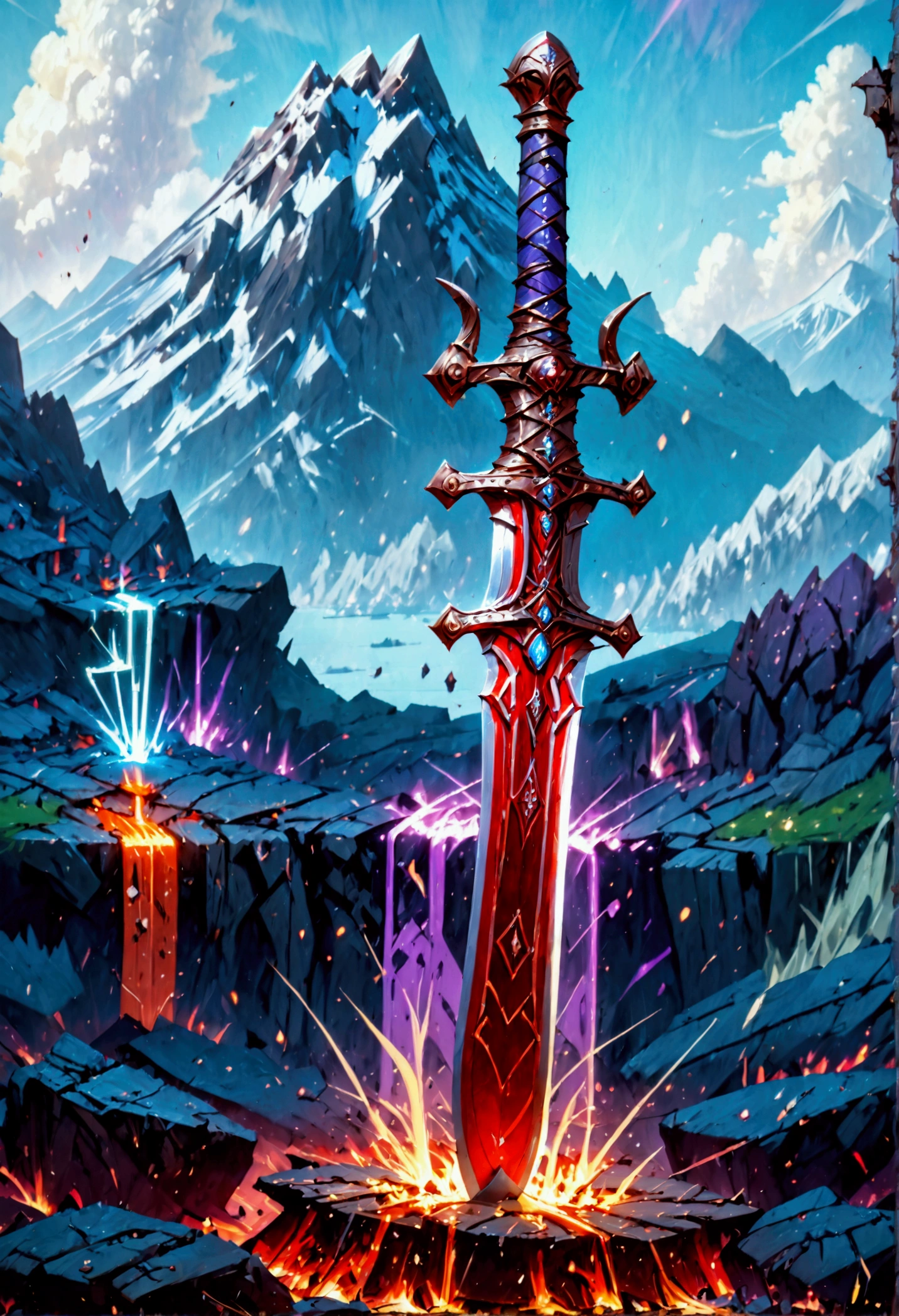 an giant sized sword surrounded with blue flame  stands on its point in volcano, a masterful sword made from diamond, epic sword, divine sword, (mountain sized sword: 1.5), its glistening in the sun, it has many facets, purple flames surround it GlowingRunesAI_purple, it stands in a pool of lava in a volcano, fantasy volcano background, sun rays, divine rays, high quality, landscape, lava land,  (best details, Masterpiece, best quality :1.5), ultra best realistic pictures , best details, best quality, 16k, [ultra detailed], masterpiece, best quality, (extremely detailed), ultra wide shot, photorealism, depth of field, diamondWM