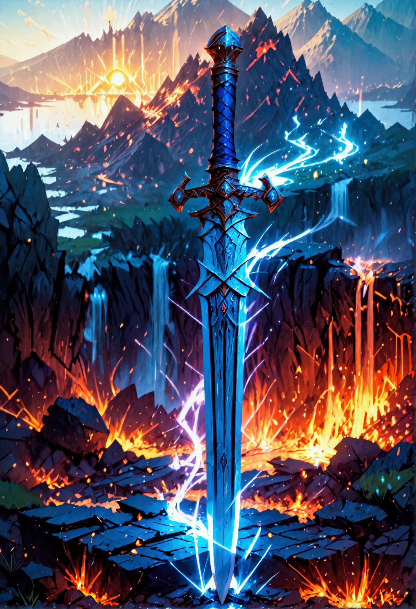 an giant sized sword surrounded with blue flame  stands on its point in volcano, a masterful sword made from diamond, epic sword, divine sword, (mountain sized sword: 1.5), its glistening in the sun, it has many facets, purple flames surround it GlowingRunesAI_purple, it stands in a pool of lava in a volcano, fantasy volcano background, sun rays, divine rays, high quality, landscape, lava land,  (best details, Masterpiece, best quality :1.5), ultra best realistic pictures , best details, best quality, 16k, [ultra detailed], masterpiece, best quality, (extremely detailed), ultra wide shot, photorealism, depth of field, diamondWM