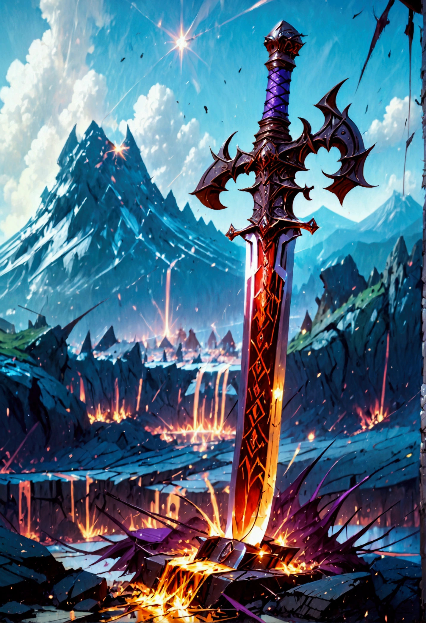 an giant sized sword surrounded with blue flame  stands on its point in volcano, a masterful sword made from diamond, epic sword, divine sword, (mountain sized sword: 1.5), its glistening in the sun, it has many facets, purple flames surround it GlowingRunesAI_purple, it stands in a pool of lava in a volcano, fantasy volcano background, sun rays, divine rays, high quality, landscape, lava land,  (best details, Masterpiece, best quality :1.5), ultra best realistic pictures , best details, best quality, 16k, [ultra detailed], masterpiece, best quality, (extremely detailed), ultra wide shot, photorealism, depth of field, diamondWM