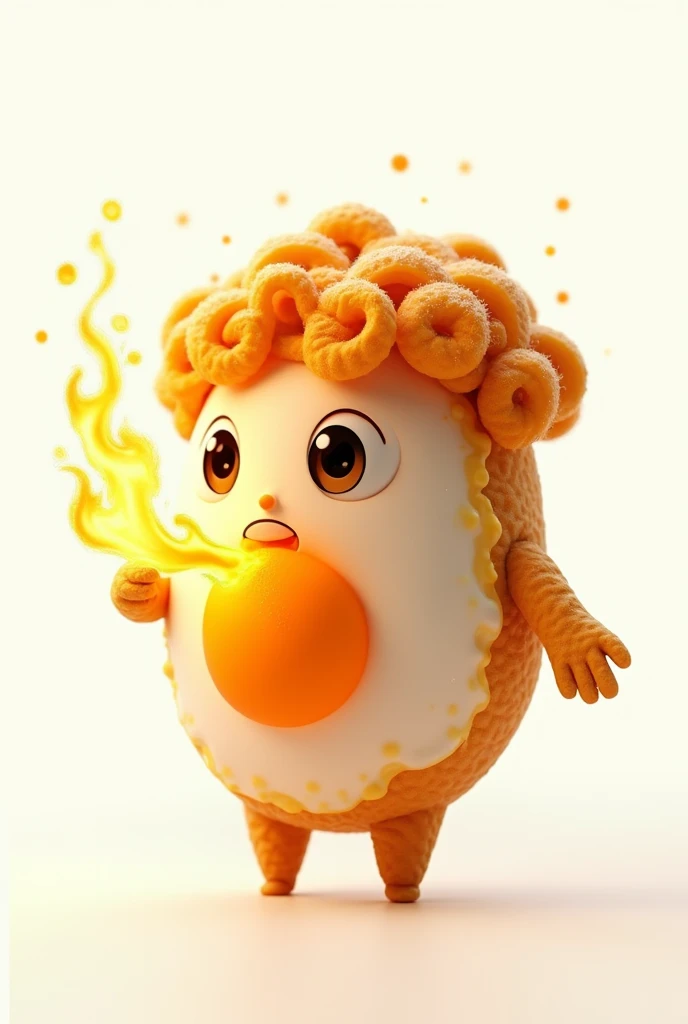A fried egg with eyes and a mouth that breathes fire, adorned with curly hair and a white background.