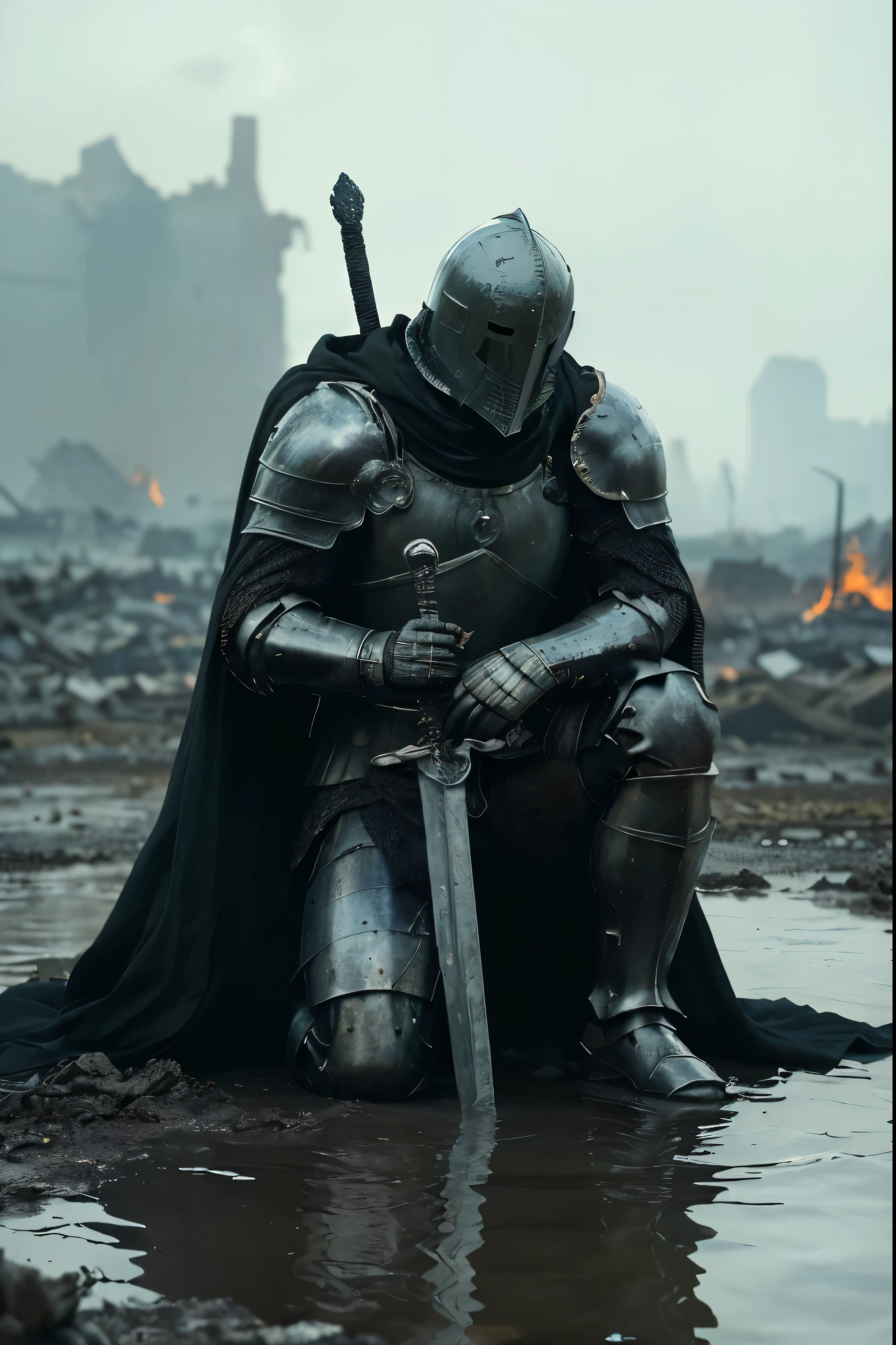 Create a photorealistic, high-resolution image of a powerful knight in full armor, kneeling or sitting on the ground. The knight wears a massive suit of intricately detailed armor, including a completely enclosed helmet with a closed visor, hiding his face. He is draped in a long, thick, black cloak that billows dramatically in the moving water around him. The cloak has slight burn marks, hinting at the recent devastation. The knight leans on a large sword that is embedded in the ground, symbolizing his defeat and exhaustion. The knight appears strong but visibly defeated and sorrowful, as if he has suffered a heavy loss. Surrounding him is moving water, reflecting and amplifying the scene. The background depicts a wide expanse of devastation, with ruins, burning remnants of buildings, and a distant horizon that emphasizes the scale of the destruction. The image should be rendered with high resolution and sharp detail to emphasize the emotional depth and dramatic setting.