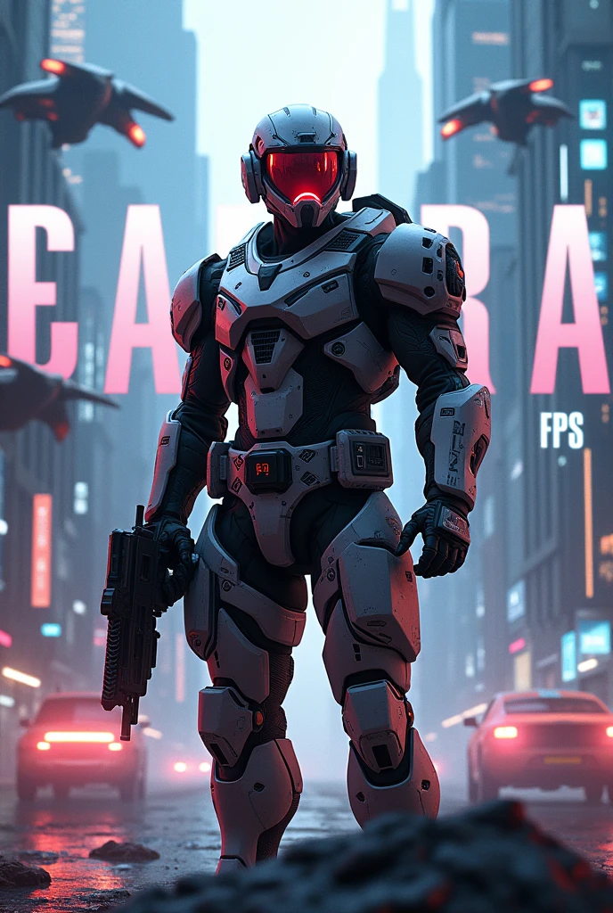 Generate an image in a futuristic setting, written ''Danzera FPS'' very large