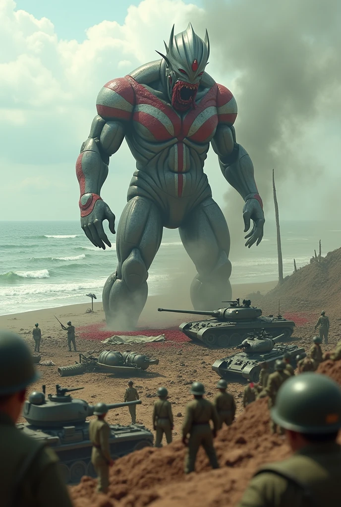 ultraman eating human blood everywhere . army day bomb . sea, beach . everywhere lot of soldier in battlefield.world war 2. tilt shift photography. lot of war. tank.aircraft 1940. air drop
