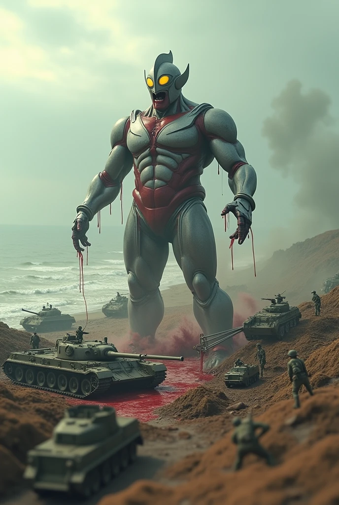 ultraman eating human blood everywhere . army day bomb . sea, beach . everywhere lot of soldier in battlefield.world war 2. tilt shift photography. lot of war. tank.aircraft 1940. air drop
