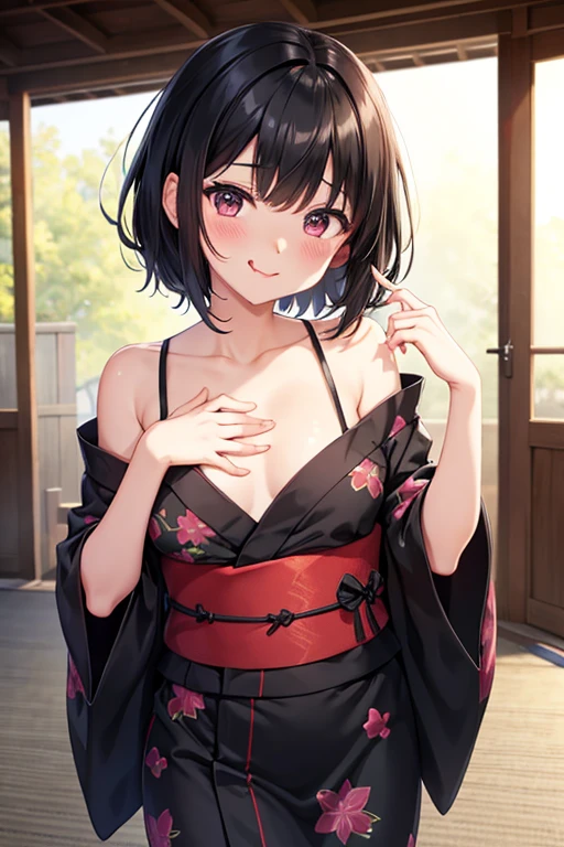 Black hair
Short
Yukata
Flat chest
Blushing face
Sticking out tongue