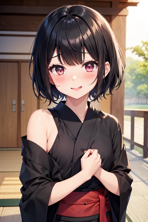 Black hair
Short
Yukata
Flat chest
Blushing face
Sticking out tongue