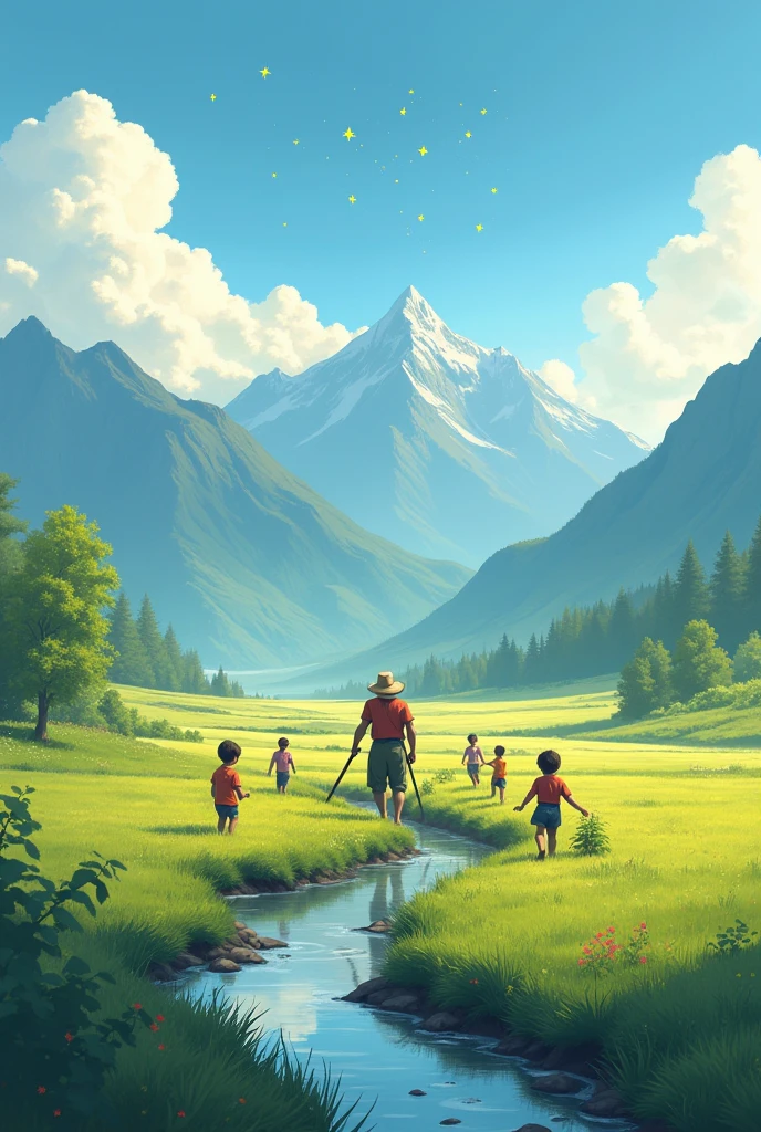 A farmer is farming, there are mountains in front of the field, water is flowing in the field, stars are flying in the sky, small children are playing in the field, it is morning time