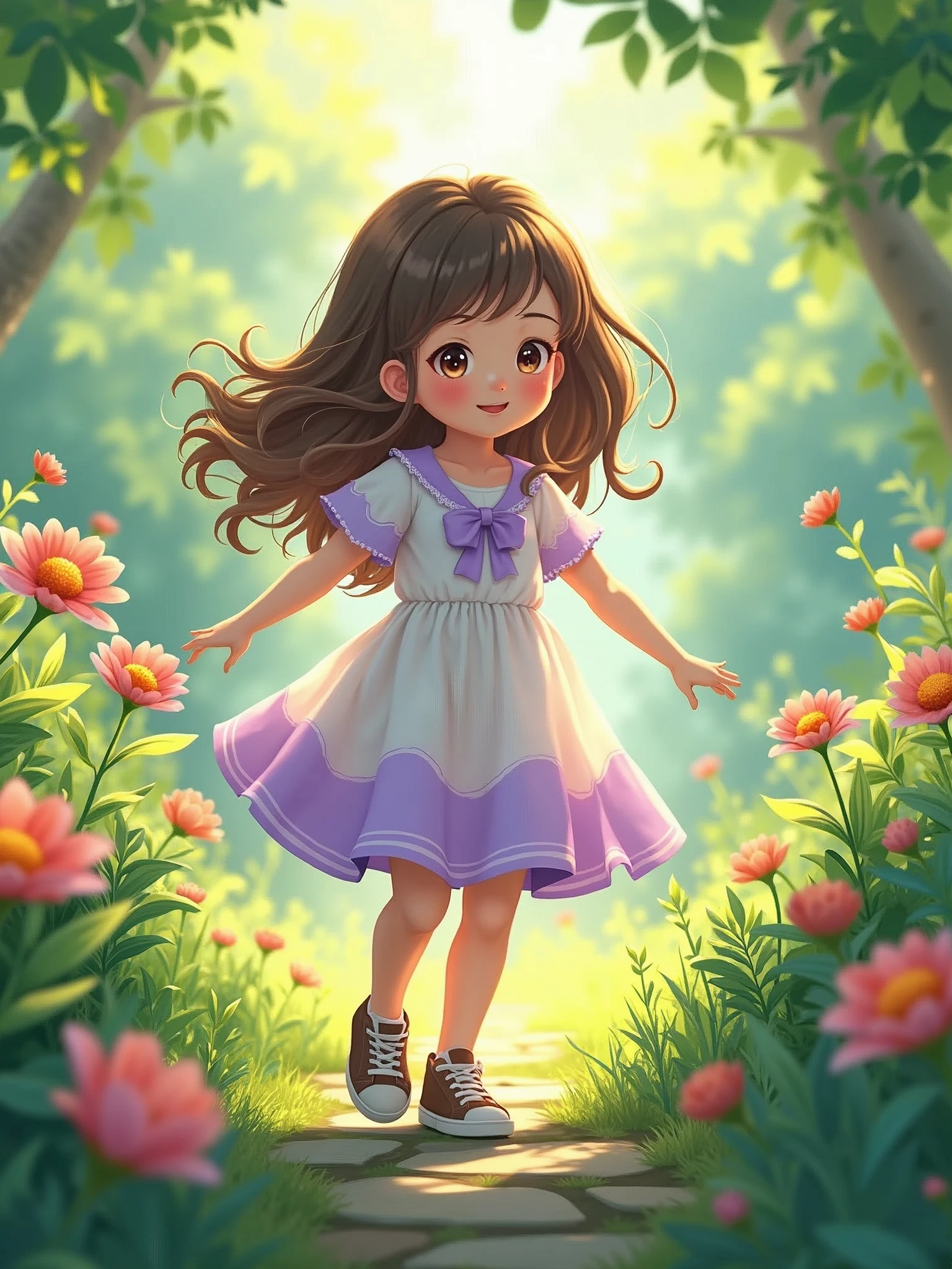 an anime girl wearing white and purple dress playing in garden, brown long wavy hair, brown sneakers and 6 years age brighnet skin color
