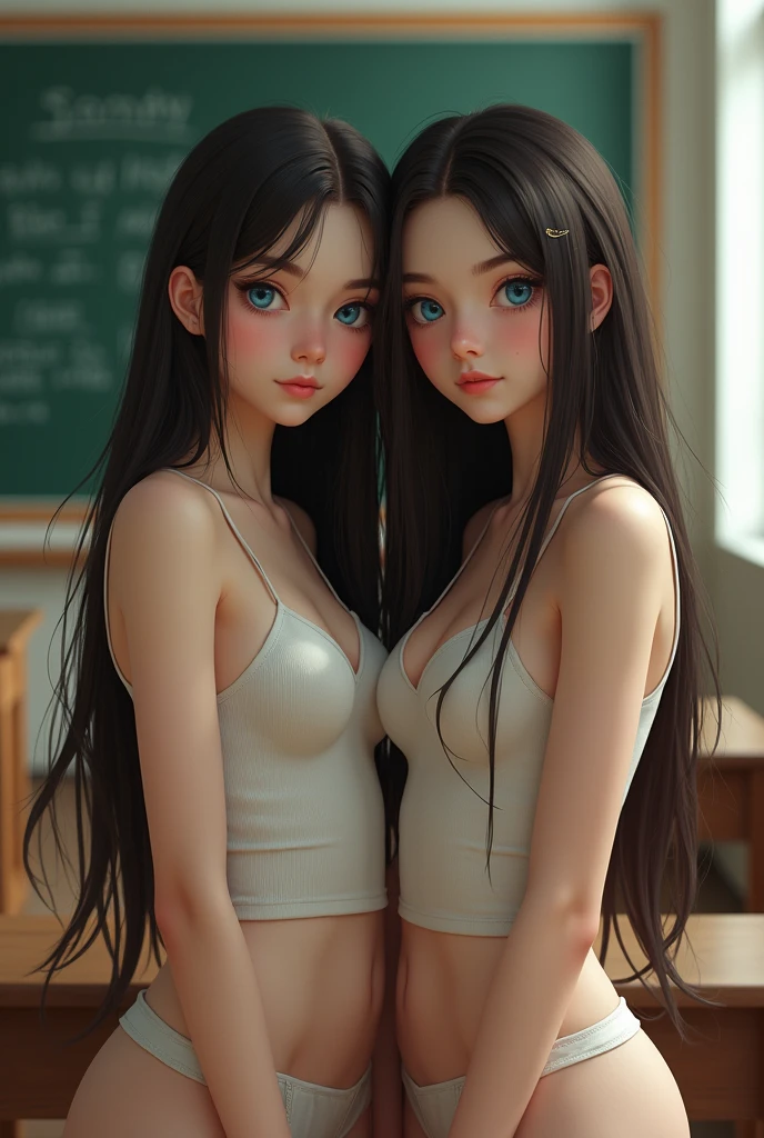 Jeunes filles jeune brune yeux bleus visage long silhouette mince, salle de classe, Tout petit seins petit petit, jeune jeune sexy