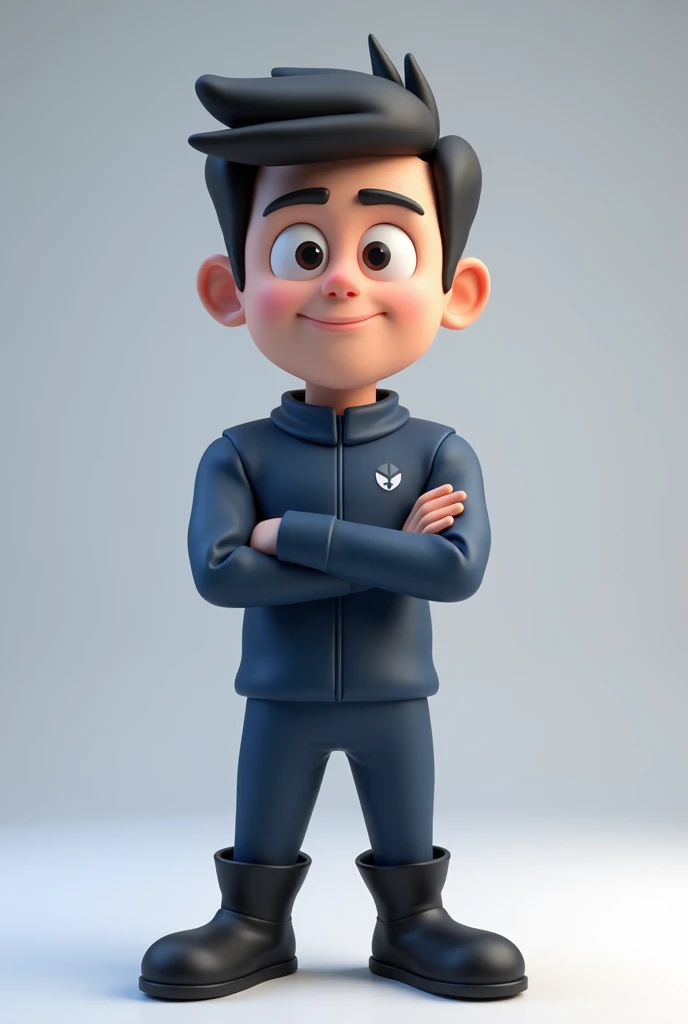 Create a mascot of a low poly 3d male animated character who wears a dark blue uniform with no logo and details with black boots with his hands crossed. 