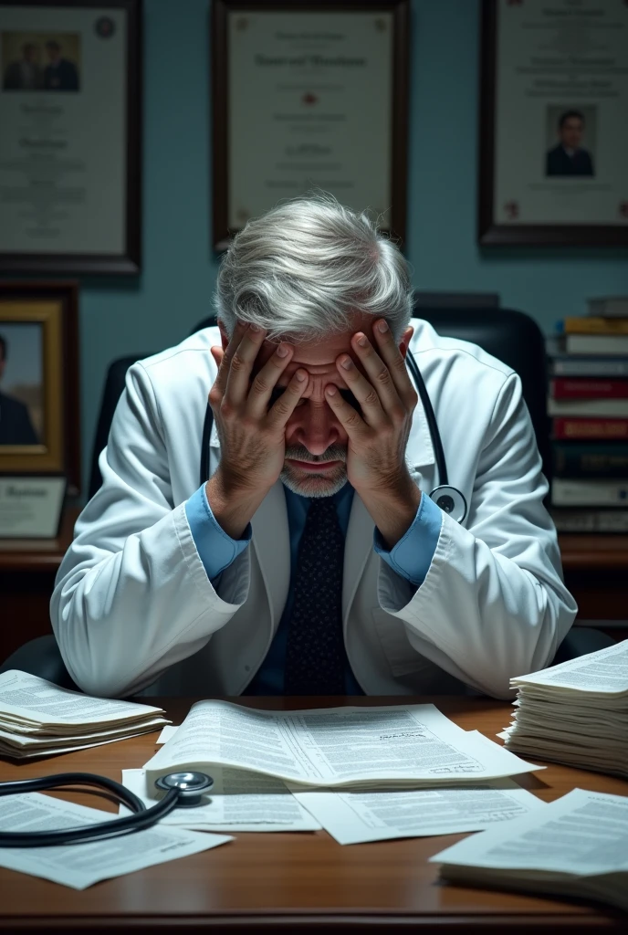 image of a crying doctor sitting in his private office with several bills on the table