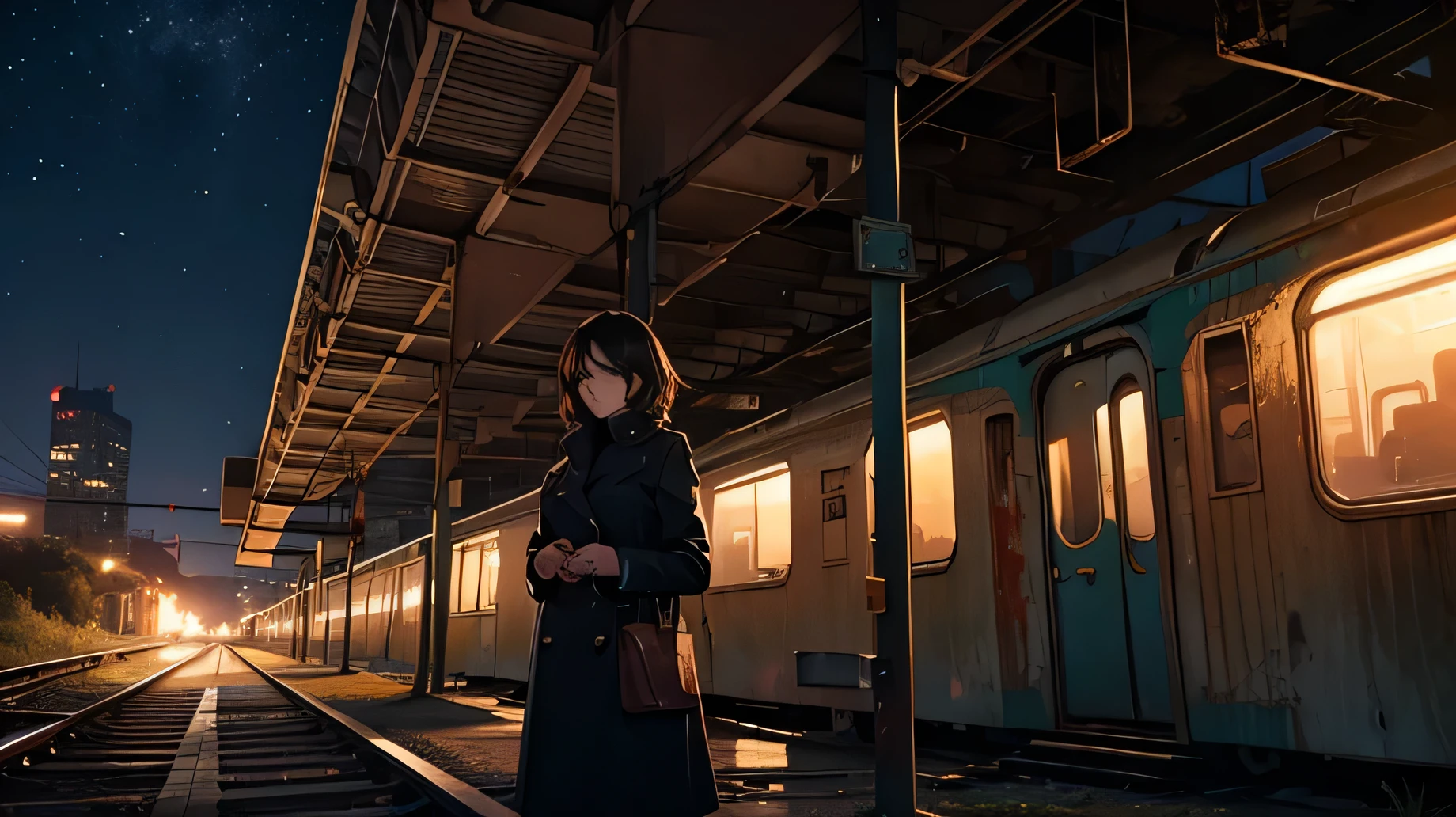 Woman waiting at an abandoned train station, at night