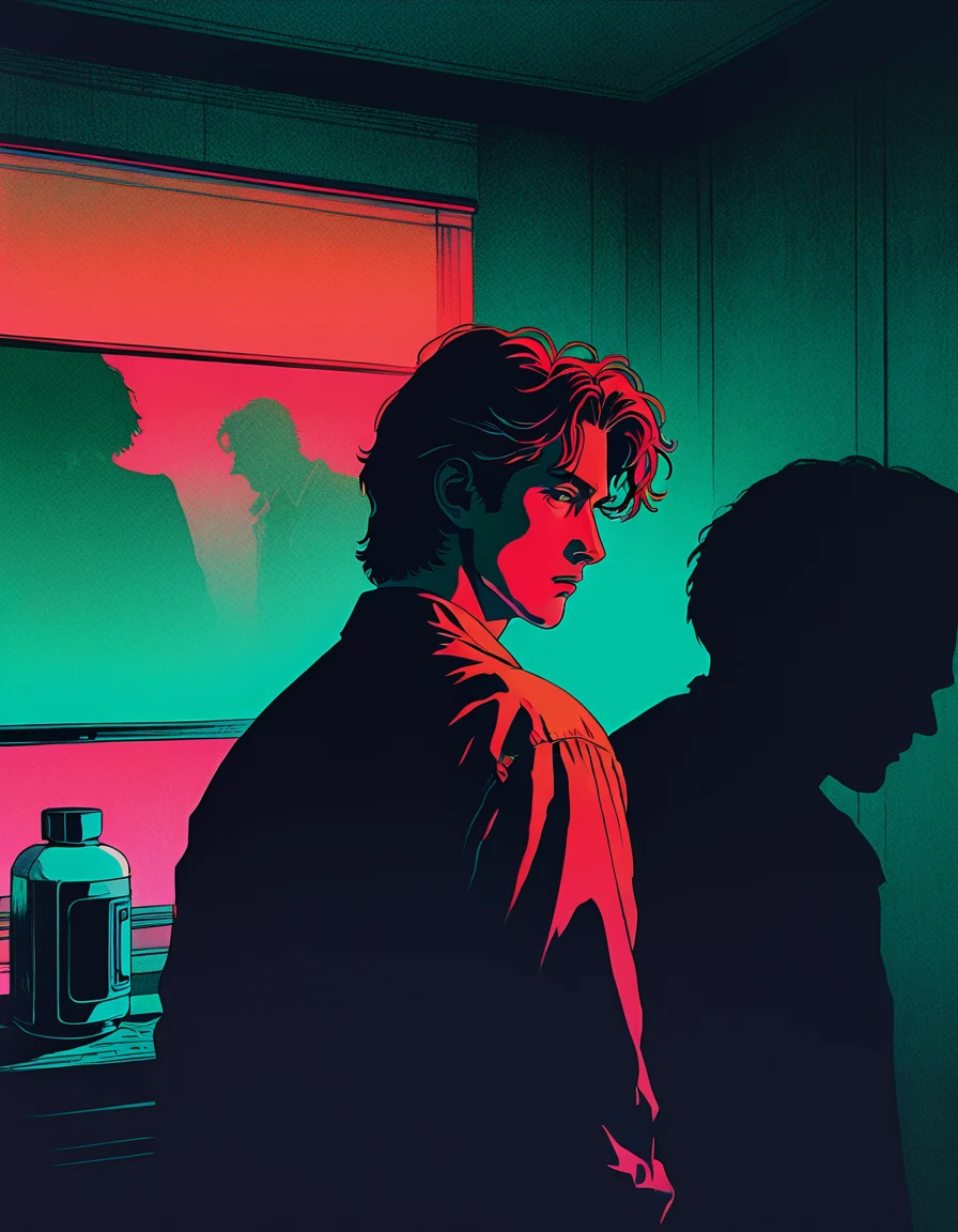 illust、art、from 80s horror movie、house in the mist、high detail, realsitic shadow、Analog style, vhs style, 8mm film, chromatic aberration, Dvd screengrab、Complementary color gradient, a man