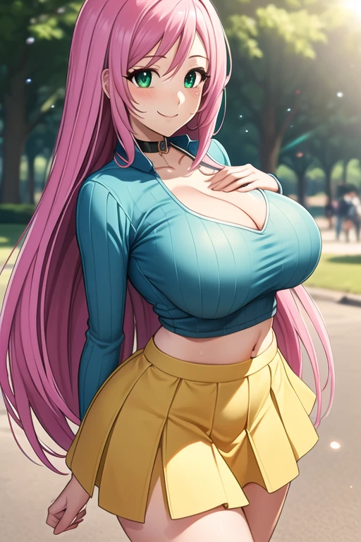 1 girl, 19 years old, Long pink hair, green eyes with slit pupils, master-piece, best quality, (standing up), (light blue ribbed crop top), (light blue long sleeve crop top, short tight light blue sweat skirt),  (Big , ultra gigantic , Super super big, Glamorous body), Make eye contact with the camera, front figure, looking forward, (light_Smile:1.5), (Detailed hands and fingers:1.2) (in a sunny park)、(in the park), (FULL BODYSHOT), thighs thighs thighs thighs、beauty legs、cleavage exposed