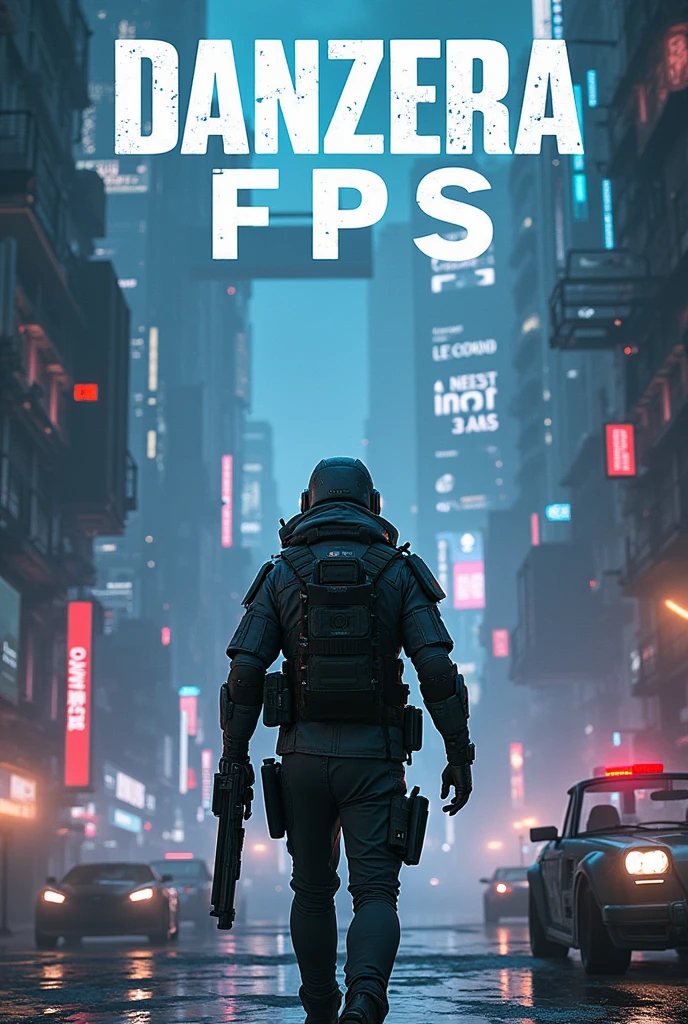 Generate an image in a futuristic setting, written ''Danzera FPS'' very large