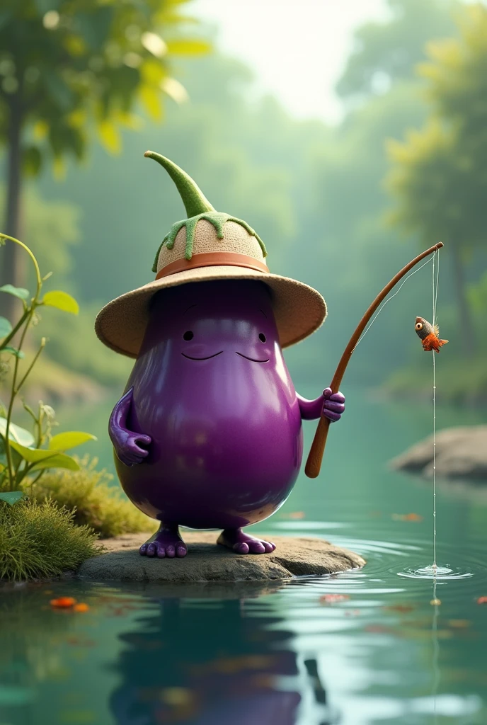 Draw an eggplant with a fishing rod