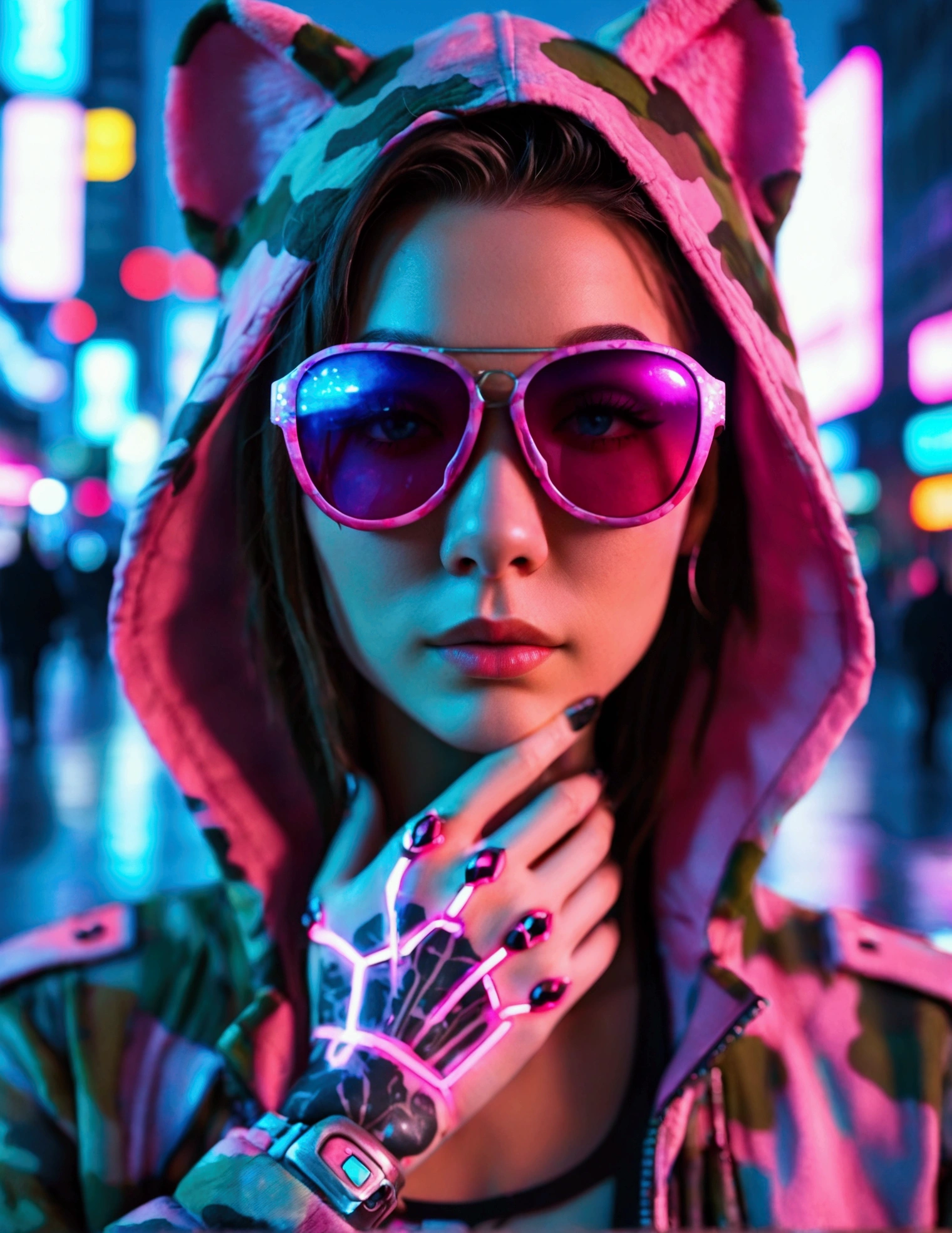 Vibrant, high-contrast, urban-style photograph featuring a person Cyberpunk Girl in a futuristic cityscape. The subject is wearing a camouflage-patterned jacket with the hood up, and large, reflective pink sunglasses that obscure their eyes. They have fair skin and are posing with one hand touching their chin, showcasing a detailed tattoo of an animal face on the back of their hand. The background is filled with neon lights and signs in various colors, predominantly blue and pink, creating a cyberpunk aesthetic. The overall composition is dynamic and visually striking, with a focus on the interplay of light and color.UHD, masterpiece, anatomically correct, super detail, best quality, textured skin, award winning, 4K