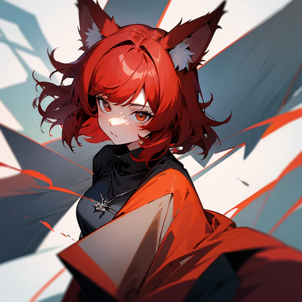 solo, Red hair, Medium Hair, Wolf Cut, Wolf Ears, Icon Style, juvenile