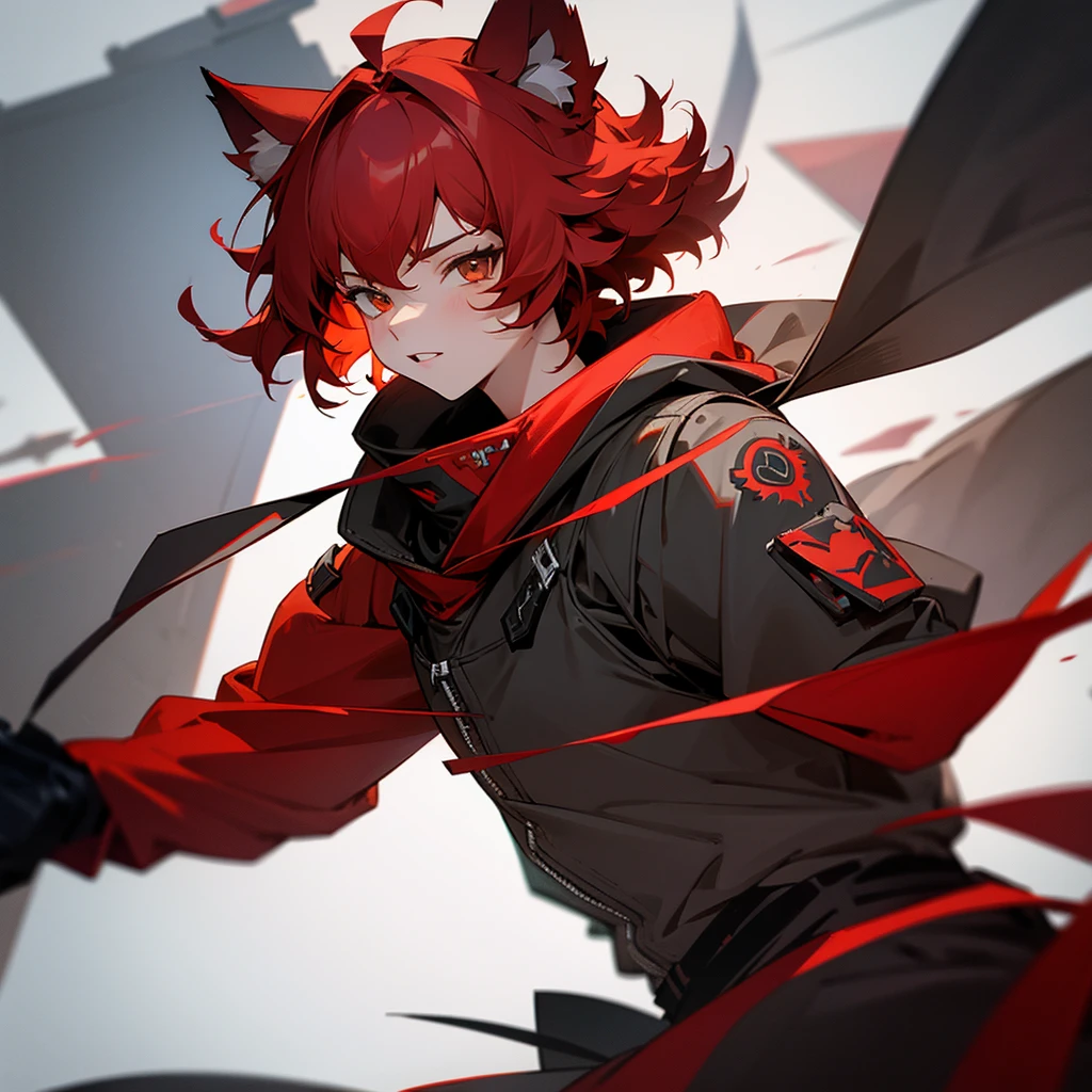 solo, Red hair, Medium Hair, Wolf Cut, Wolf Ears, Icon Style, juvenile