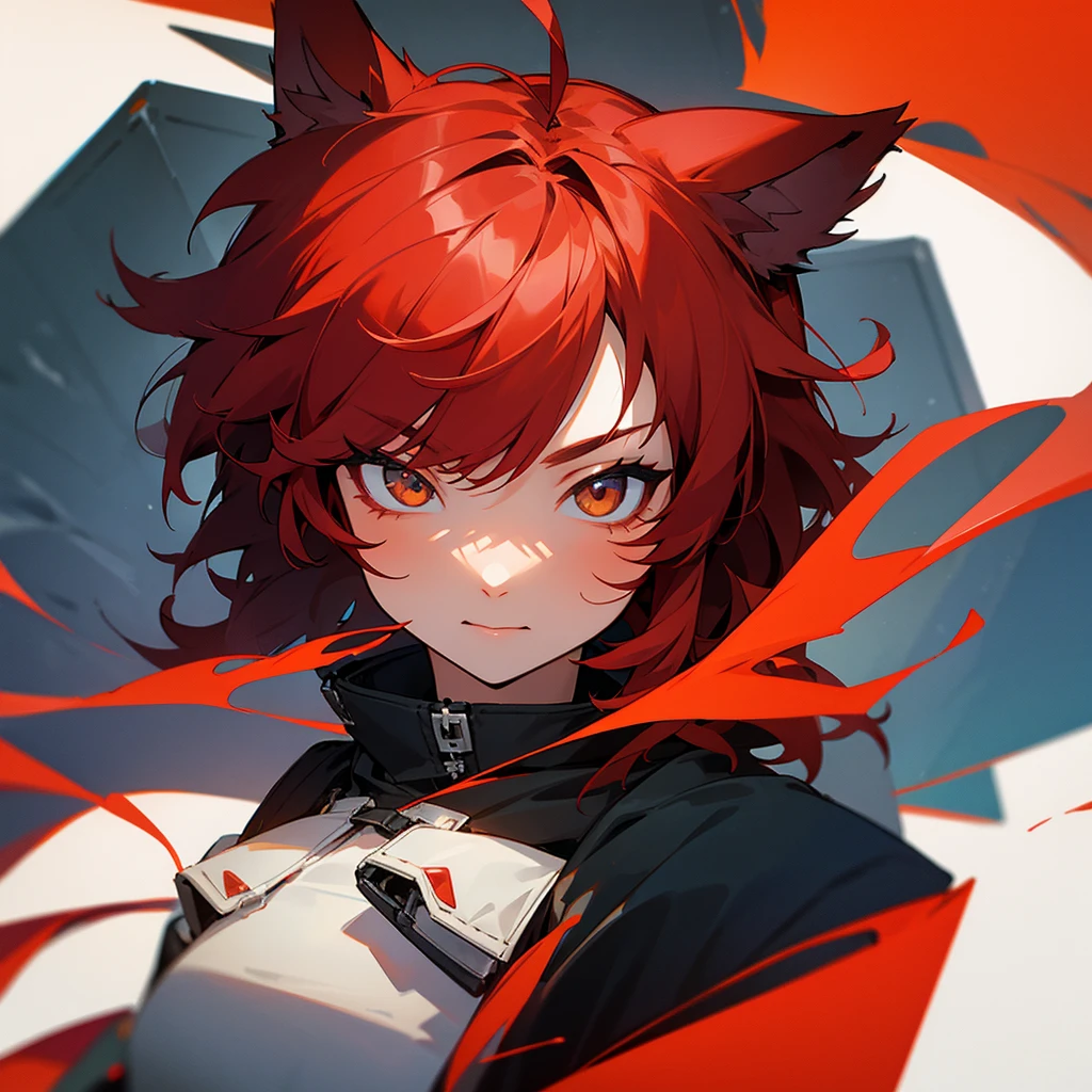 solo, Red hair, Medium Hair, Wolf Cut, Wolf Ears, Icon Style, juvenile