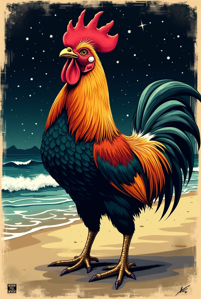 Make a poster with a picture of a rooster written "Cockfighting at the beach 9:00 pm" "Don't miss it!"
