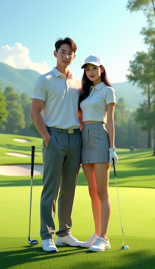 Make a picture of a man and woman golf players standing together on the field, Nice pose, Female models wear short skirts, golf outfits, Make it a precise picture, sexy korean female model, Golf Ball Golf Club, Make it a real picture,