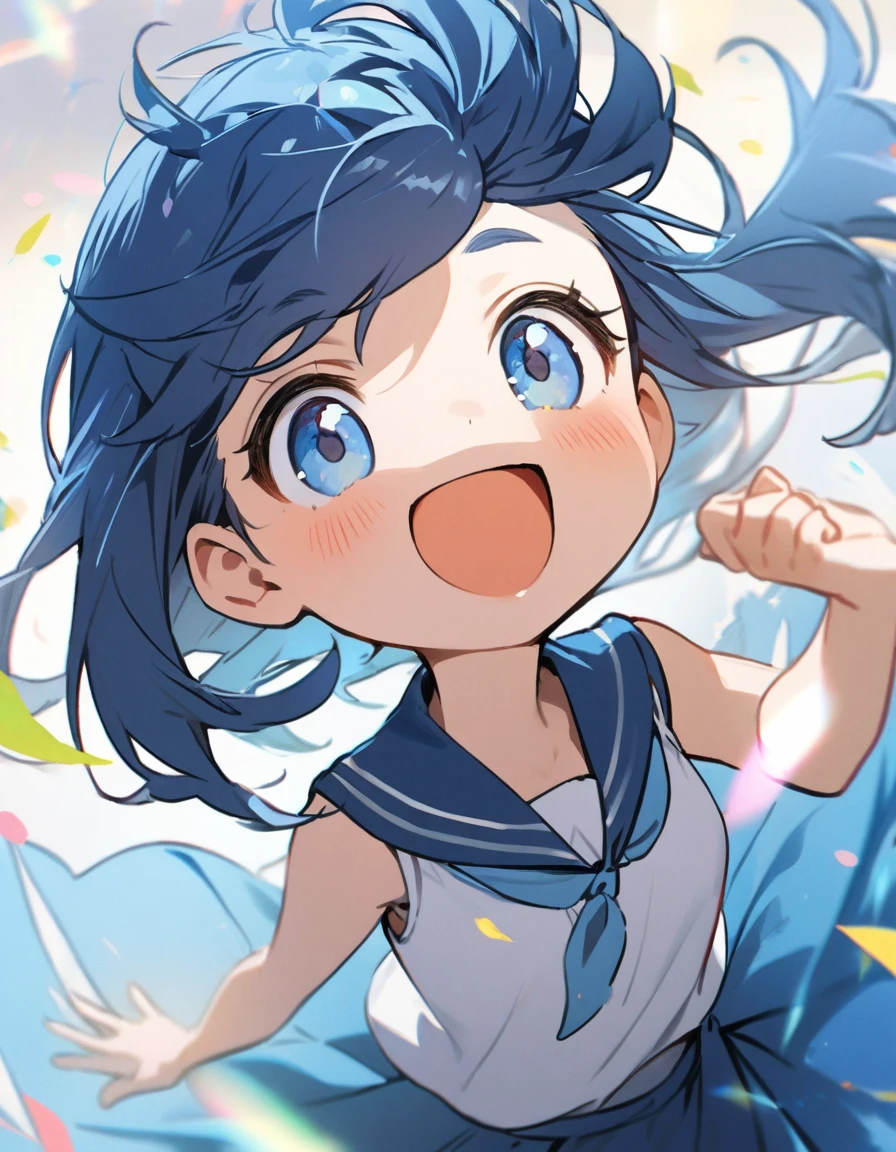 1girl,long face,short blue hair,,blue skirt,joyful,standing,closeup