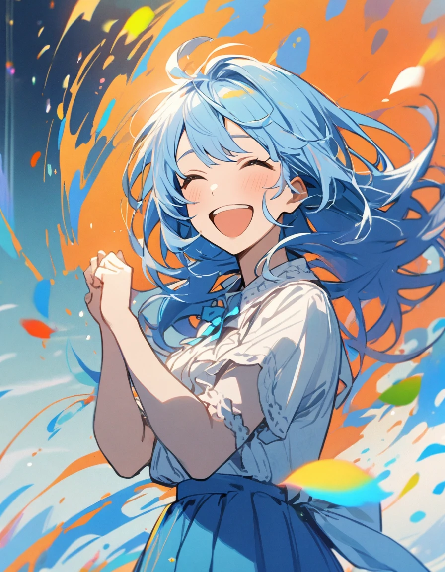 1girl,long face,short blue hair,,blue skirt,joyful,standing,closeup