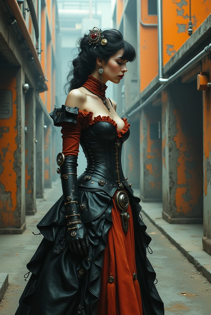 mistress dressed like a victorian universe, retro-futuristic 1980s analog photo, brutalist dieselpunk, bolts and piping, angular design, orange and blue, highly detailed