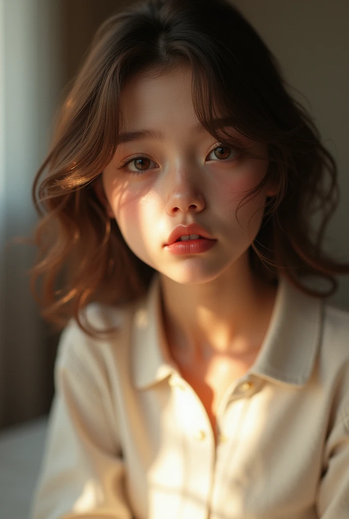 16 year old girl, beautiful detailed eyes, beautiful detailed lips,no make up, extremely detailed eyes and face, brown eyes, shy, covering face with long sleeve t-shirt, sitting on bed, warm lighting, 4k, best quality, white polo shirt, brown soft hair, realistic, photorealistic, photo-realistic:1.37, studio lighting, ultra-fine painting, sharp focus, physically-based rendering, extreme detail description, professional, vivid colors, bokeh,