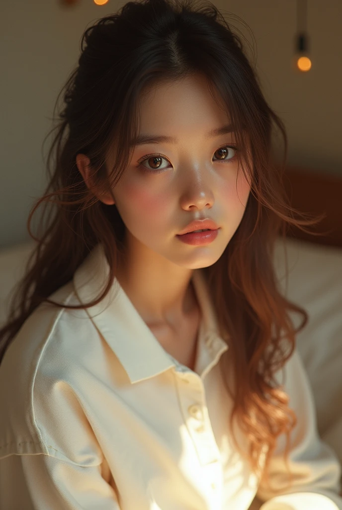 16 year old girl, beautiful detailed eyes, beautiful detailed lips,no make up, extremely detailed eyes and face, brown eyes, shy, covering face with long sleeve t-shirt, sitting on bed, warm lighting, 4k, best quality, white polo shirt, brown soft hair, realistic, photorealistic, photo-realistic:1.37, studio lighting, ultra-fine painting, sharp focus, physically-based rendering, extreme detail description, professional, vivid colors, bokeh,