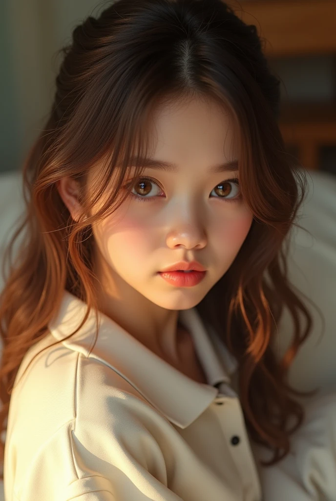 girl, beautiful detailed eyes, beautiful detailed lips,no make up, extremely detailed eyes and face, brown eyes, shy, covering face with long sleeve t-shirt, sitting on bed, warm lighting, 4k, best quality, white polo shirt, brown soft hair, realistic, photorealistic, photo-realistic:1.37, studio lighting, ultra-fine painting, sharp focus, physically-based rendering, extreme detail description, professional, vivid colors, bokeh,