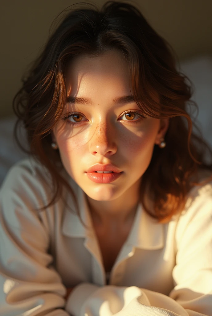 girl, beautiful detailed eyes, beautiful detailed lips,no make up, extremely detailed eyes and face, brown eyes, shy, covering face with long sleeve t-shirt, sitting on bed, warm lighting, 4k, best quality, white polo shirt, brown soft hair, realistic, photorealistic, photo-realistic:1.37, studio lighting, ultra-fine painting, sharp focus, physically-based rendering, extreme detail description, professional, vivid colors, bokeh,