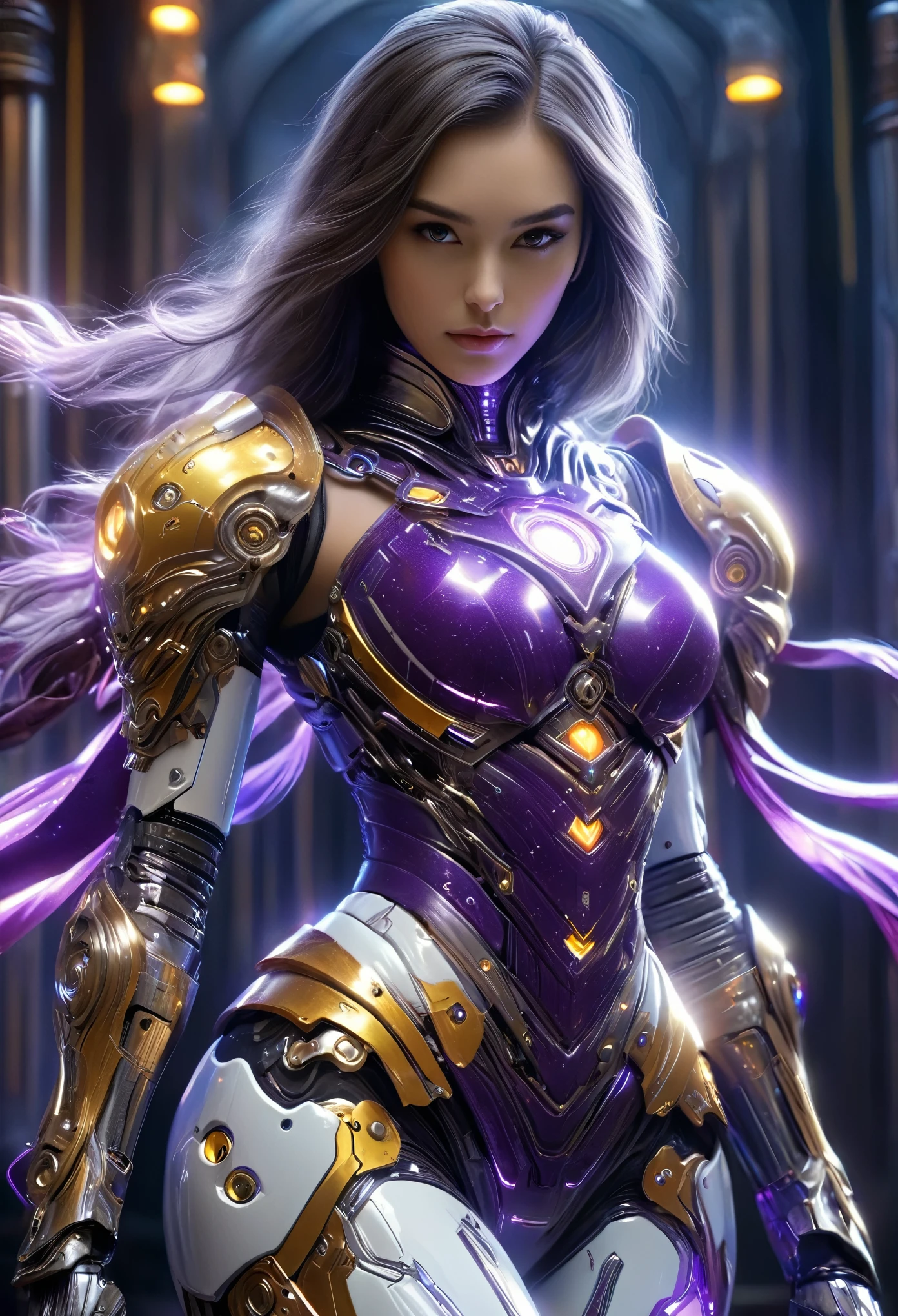 (Best Quality, 4K, 8K, High Resolution, Masterpiece: 1.2), (Super Detailed, Realistic, Photorealistic:1.37), A woman in futuristic clothing, (erotic and sexy:1.4), Trending on cgstation, Trending on cgstation, (Portrait of a girl in the Knights of the Zodiac:1.4), (blunt bangs:1.7), Cute Cyborg Girl, Perfect android girl, Portrait Astronaut Girl, Beautiful girl cyborg, Girl wearing purple white yellow mechanical cyber armor, Game CG, cgsociety and fenghua zhong, Beautiful Cyborg Shrine Maiden, Bioluminescence, (Gal Gadot:0.6), Anatomically correct grip, Anatomically correct four fingers and one thumb, (long claws:1.4), erotic and sexy, A gorgeous cape with beautifully detailed embroidery, energy ball