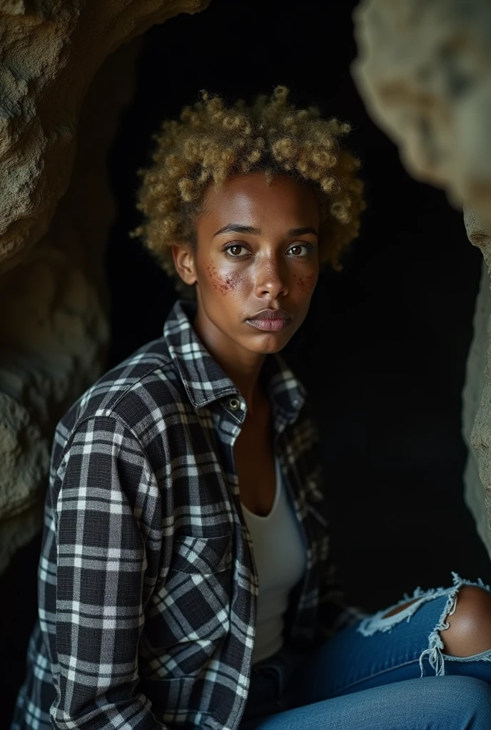 photograph of a woman, (troubled facial expression), textured skin, goosebumps, blonde afro hair, plaid flannel shirt with distressed boyfriend jeans, cowboy shot, dark and mysterious cave with unique rock formations and hidden wonders, perfect eyes, (candlelight,chiaroscuro), Porta 160 color, shot on ARRI ALEXA 65, bokeh, sharp focus on subject, shot by Don McCullin