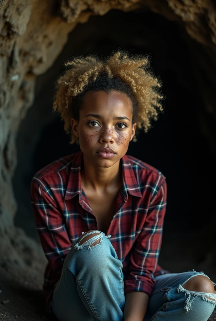 photograph of a woman, (troubled facial expression), textured skin, goosebumps, blonde afro hair, plaid flannel shirt with distressed boyfriend jeans, cowboy shot, dark and mysterious cave with unique rock formations and hidden wonders, perfect eyes, (candlelight,chiaroscuro), Porta 160 color, shot on ARRI ALEXA 65, bokeh, sharp focus on subject, shot by Don McCullin