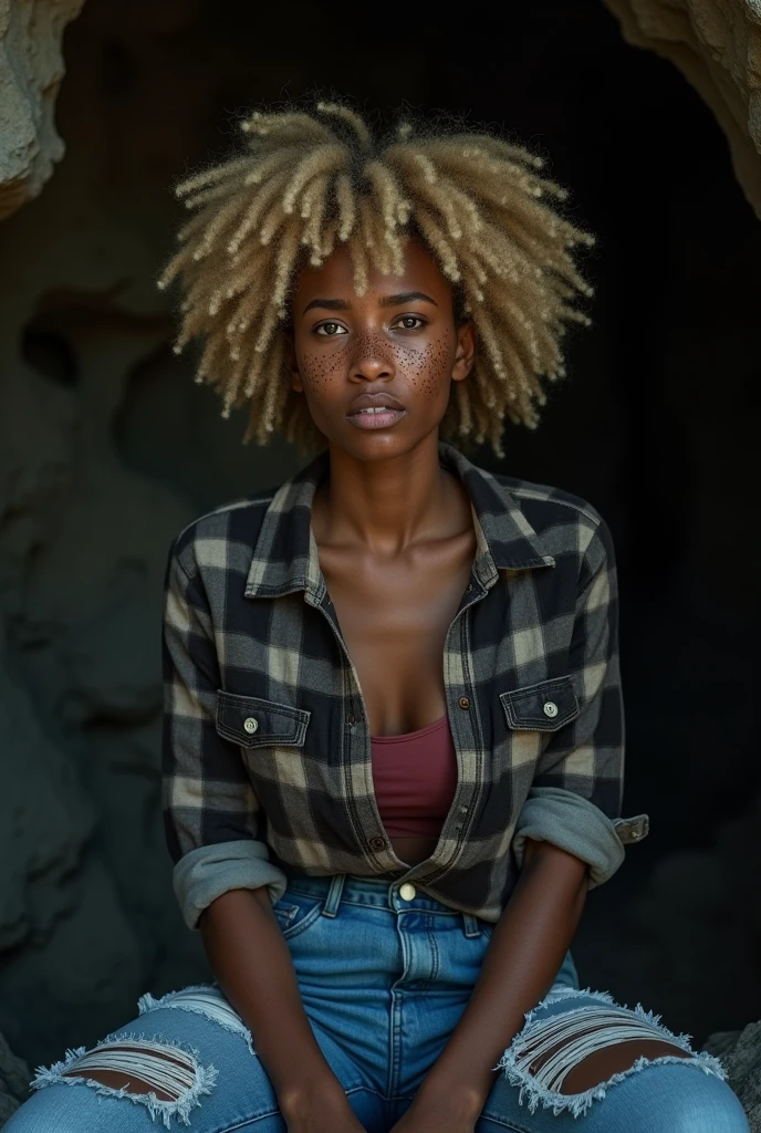 photograph of a woman, (worried facial expression), textured skin, Goosebumps, afro blonde hair, unclothed, dark and mysterious cave with unique rock formations and hidden wonders, Perfect eyes, (Candlelight,chiaroscuro), 160 color holder, shot on ARRI ALEXA 65, bokeh, sharp focus on the subject, shot by Don McCullin